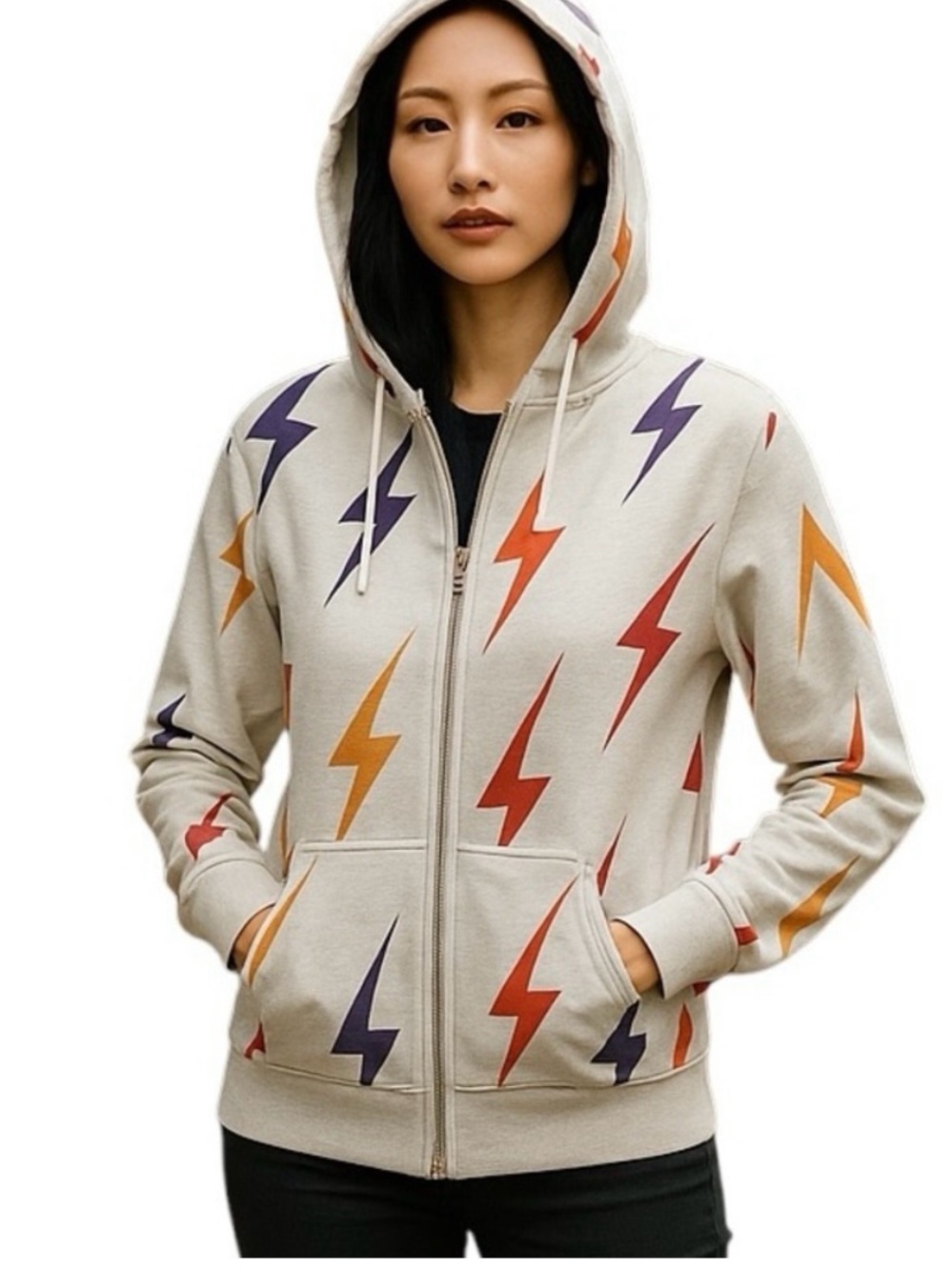 Aviator Nation Cream Velour Zip Hoodie with Multicolor Lightning Bolts